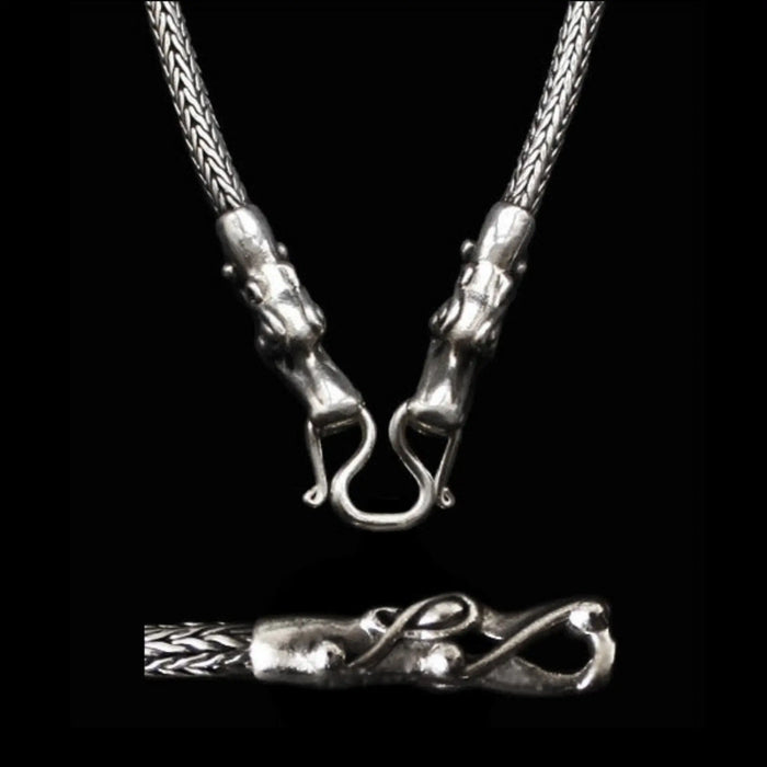 Slim Silver Snake Chain with Tromso Dragon Heads & Butterfly Clasp, Plus Side View of Head