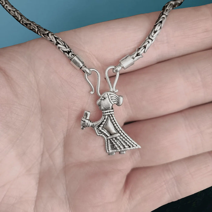 3mm Silver Viking King Chain Necklace With Loop Heads, Butterfly Fitting & Small Silver Valkyrie Pendant - on Hand