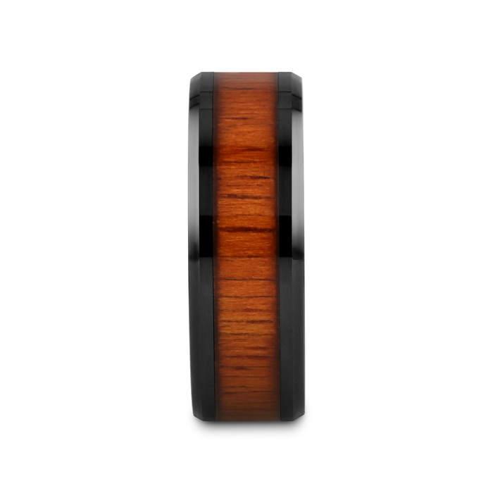 ACACIA Koa Wood Inlaid Black Ceramic Ring with Bevels - 4mm - 12mm