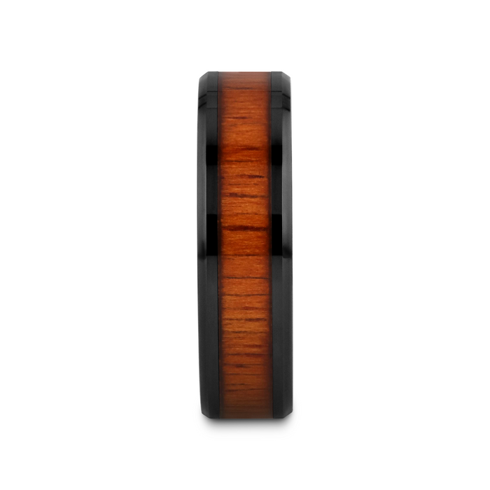 ACACIA Koa Wood Inlaid Black Ceramic Ring with Bevels - 4mm - 12mm