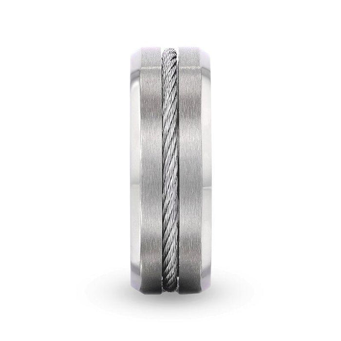 ALBERT Steel Cable Inlaid Brushed Center Titanium Men's Wedding Band With With Beveled Polished Edges - 8mm