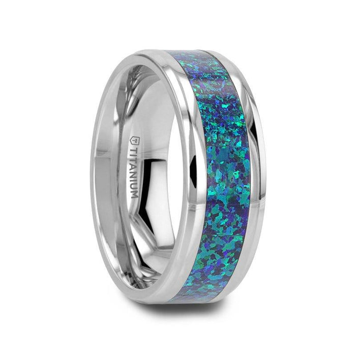ANDROMEDA Titanium Polished Beveled Edge with Blue Green Opal Inlay - 8mm