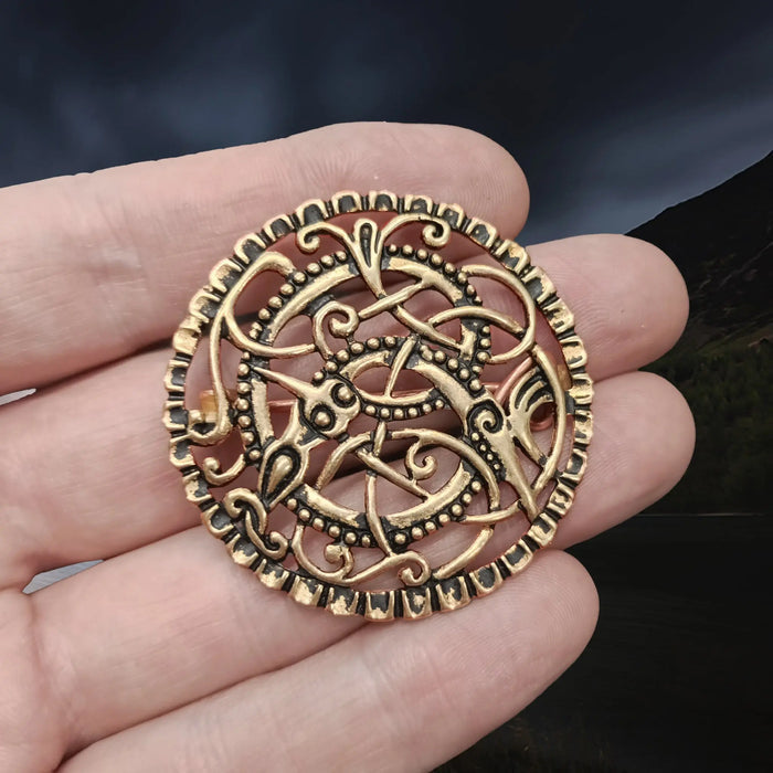 Large Bronze Viking / Saxon Urnes Style Pitney Brooch on Hand