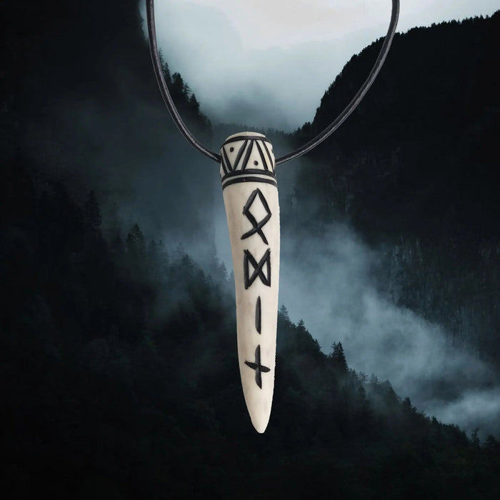 Carved Viking Pendant in Solid Antler with Odin Runes on Leather Cord