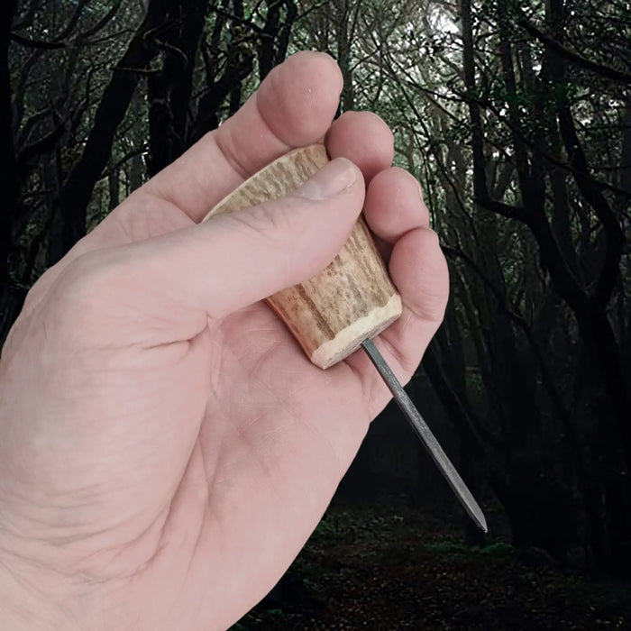 Handmade Leather Awl (Hole Puncher) with Scottish Red Deer Antler Handle in Clasped Hand