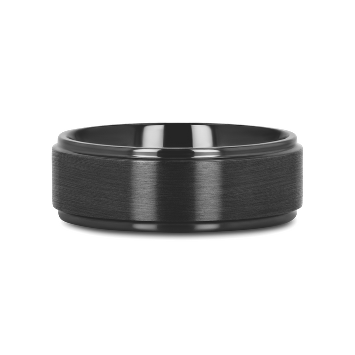 BABYLON Flat Black Titanium Ring with Brushed Raised Center & Polished Edges - 8mm