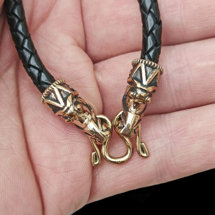 5mm Width Braided Leather Necklace with Bronze Gotlandic Dragon Heads and Butterfly Fitting in Hand