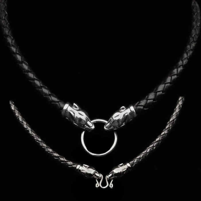 Braided Leather Necklace with Silver Ferocious Wolf Heads - Viking Jewelry