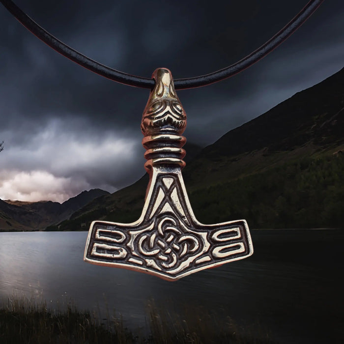 Replica Bronze Viking Age Thor's Hammer Pendant from Sweden with Raven Head on Leather Cord