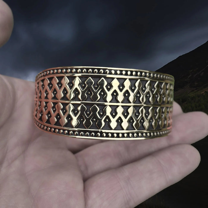 Bronze Hiberno-Norse Viking Bracelet / Arm Ring Replica with 1 Dot Design on Hand - Front View