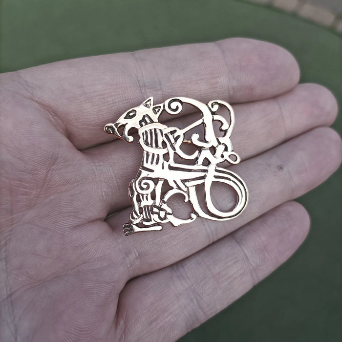 Bronze Jelling Wolf Viking Brooch on Hand