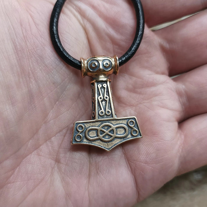 Bronze Odeshög Thors Hammer Pendant on Leather Thong - On Hand