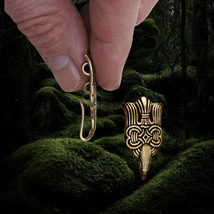 Bronze Raven Viking Leg Wrap Hooks - Pair - Front and Side View in Fingers