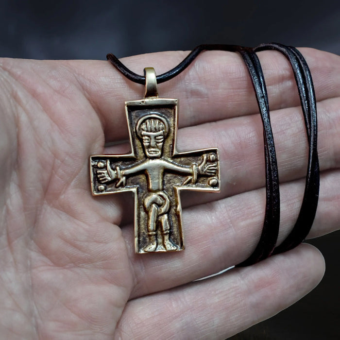 Bronze Replica Germanic Cross / Crucifix Pendant on Leather Cord -  On Hand
