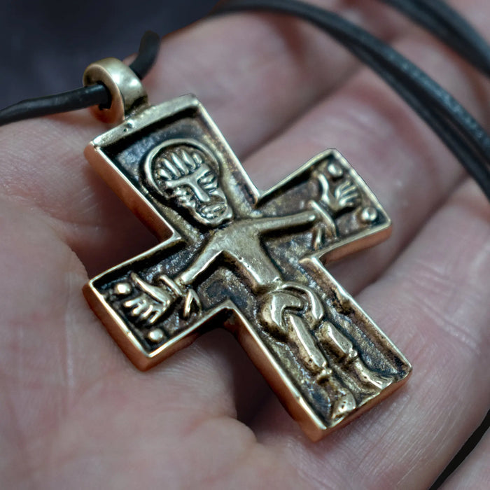 Bronze Replica Germanic Cross / Crucifix Pendant on Leather Cord -  On Hand - Close Up Angle View