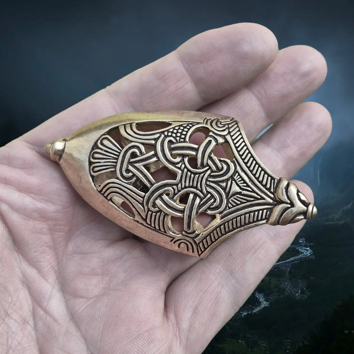 Bronze Replica Viking Scabbard Chape Replica from Skåne, Sweden in Borre Style on Hand