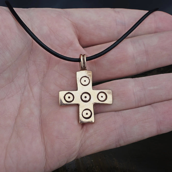 Bronze Replica Viking / Saxon Cross / Crucifix Pendant with 5 Dot Pattern on Leather Cord, on Hand