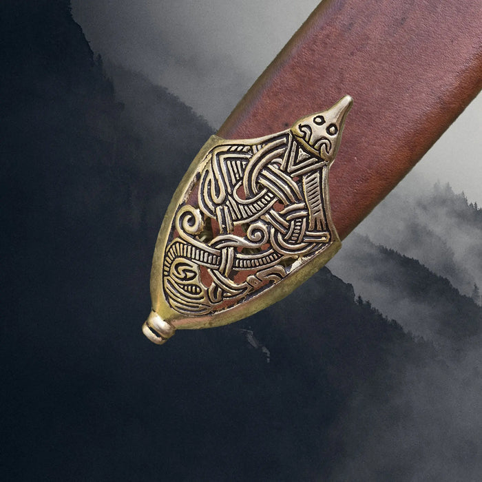 Bronze Replica Viking Scabbard Chape from Borre with Animal Head on Leather Scabbard