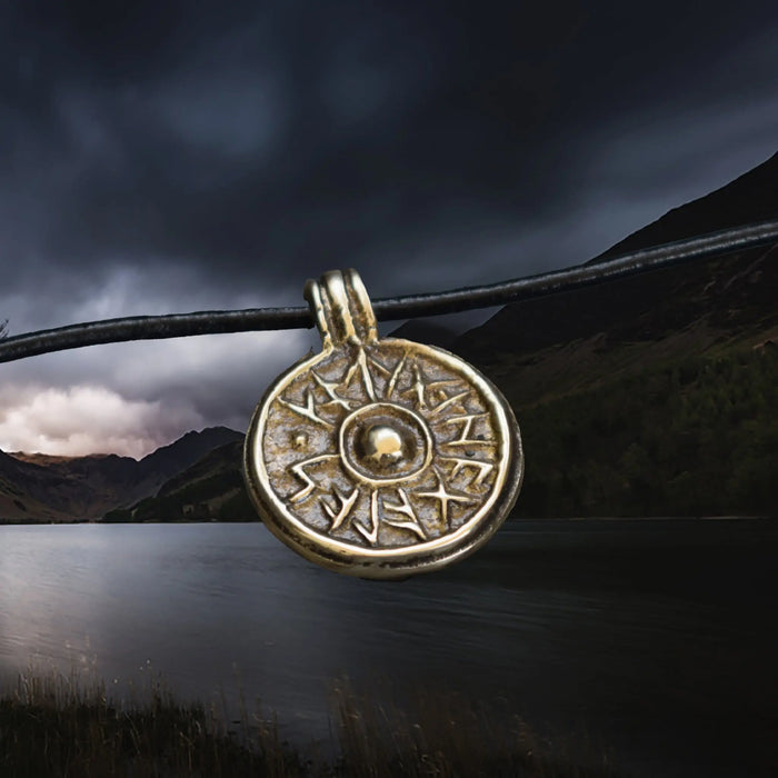 Bronze Round Replica Viking Luck / Good Health Pendant on Leather Cord - Angle View