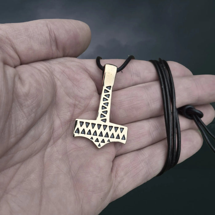 Bronze Thors Hammer Pendant Replica from Vålse, Denmark on Leather Cord, on Hand