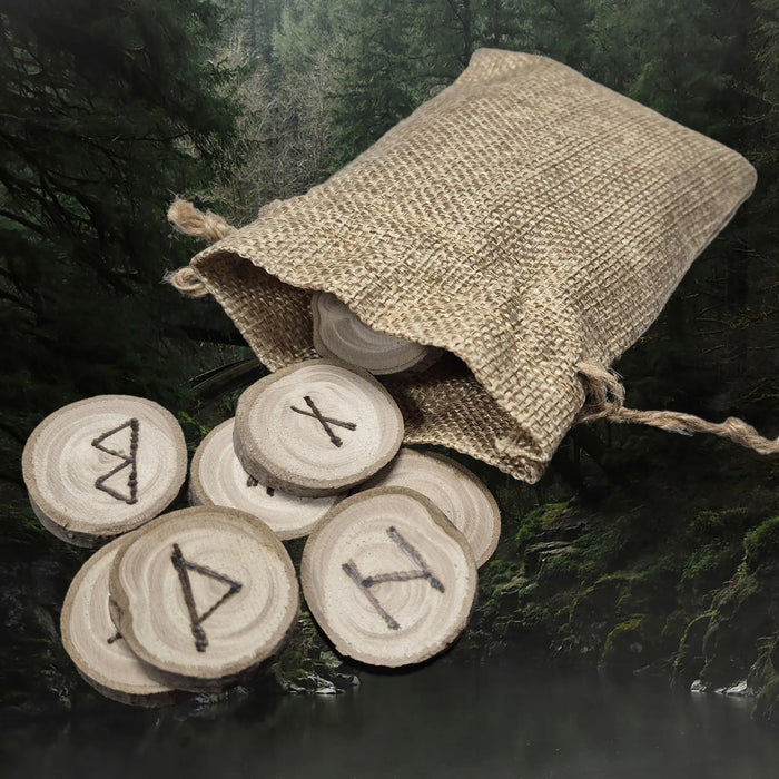 Complete Elder Futhark White Willow Rune Set with Hessian Pouch - Angle View