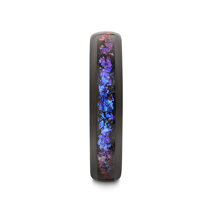 COSMIC Black Tungsten Ring with Crushed Alexandrite and Dark Blue & Purple Crushed Goldstone - 4mm - 8mm