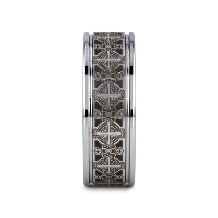DEACON Flat Tungsten Ring Laser Engraved Celtic Crosses - 8mm