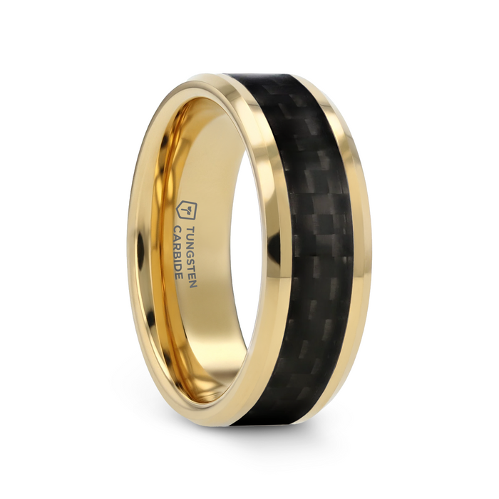 DECIMUS Black Carbon Fiber Inlay Gold-Plated Tungsten Carbide Wedding Band - 8mm