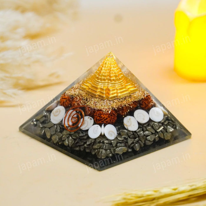Dhanlabh Pyramid with Shree Yantra, Rudraksha, Gomti Chakra & Pyrite for Vaastu
