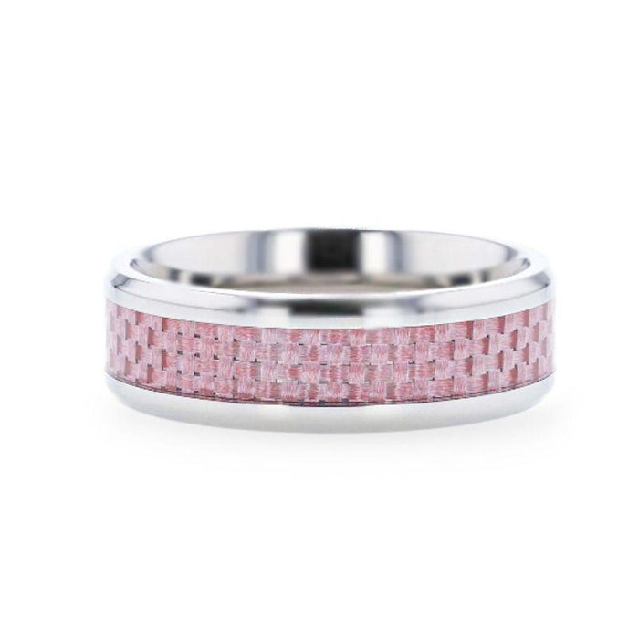 DOMINIQUE Pink Carbon Fiber Inlaid Titanium Flat Polished Finish Ring Band With Beveled Edges - 8mm