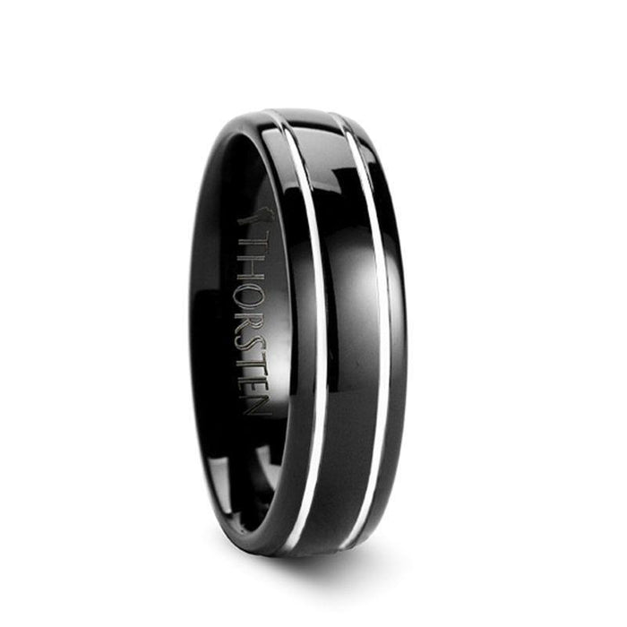ECLIPSE Domed Black Tungsten Ring with Polished Offset Grooves - 6mm & 8mm