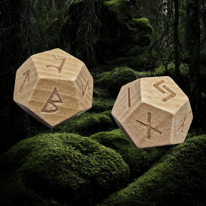 Elder Futhark Huge Wooden Runic Dice Set Showing Perthro and Jera on Top