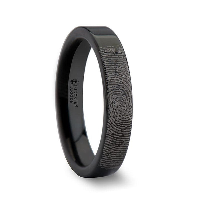 Fingerprint Engraved Flat Pipe Cut Black Tungsten Ring Polished - Morpheus - 4mm - 12mm
