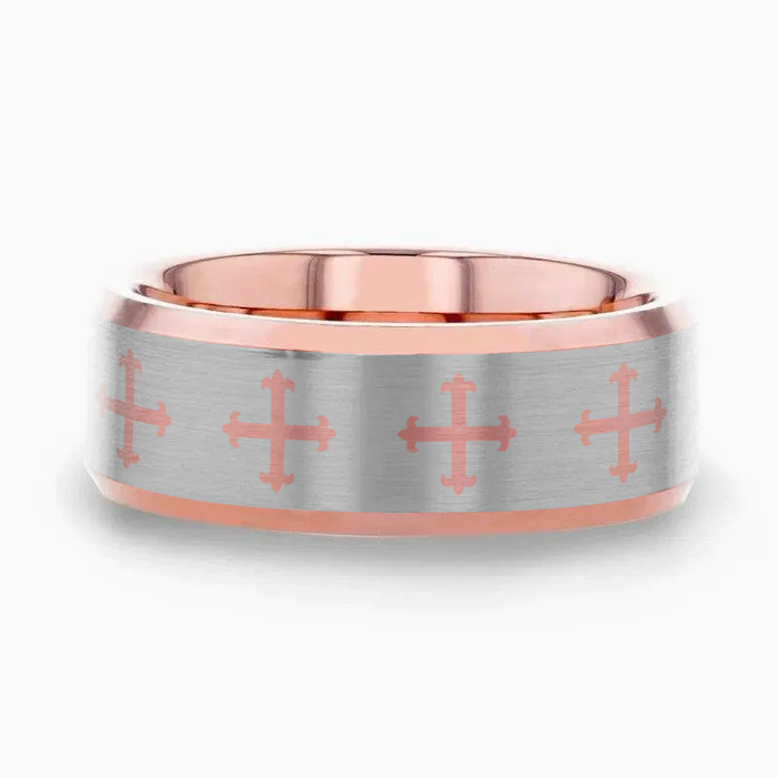 FLEUR CROSS on Flat Rose Gold Plated Tungsten Carbide Ring with Beveled Edges