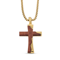 Gold Stainless Steel Cross Pendant With Bubinga Wood Inlay and 22in Matching Chain
