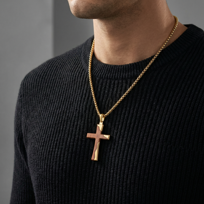 Gold Stainless Steel Cross Pendant With Bubinga Wood Inlay and 22in Matching Chain
