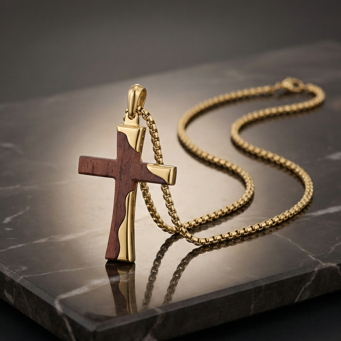 Gold Stainless Steel Cross Pendant With Bubinga Wood Inlay and 22in Matching Chain
