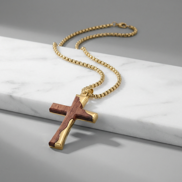 Gold Stainless Steel Cross Pendant With Bubinga Wood Inlay and 22in Matching Chain