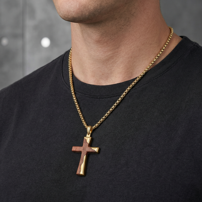 Gold Stainless Steel Cross Pendant With Bubinga Wood Inlay and 22in Matching Chain