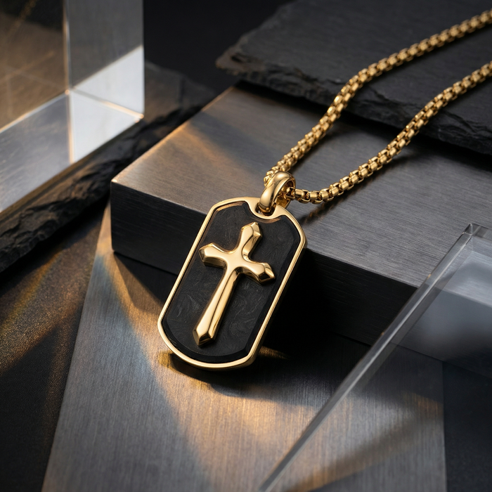 Gold Stainless Steel Pendant with Forged Carbon Fiber Inlay with 22in Matching Chain