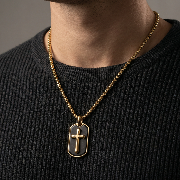 Gold Stainless Steel Pendant with Forged Carbon Fiber Inlay with 22in Matching Chain