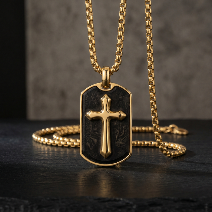 Gold Stainless Steel Pendant with Forged Carbon Fiber Inlay with 22in Matching Chain