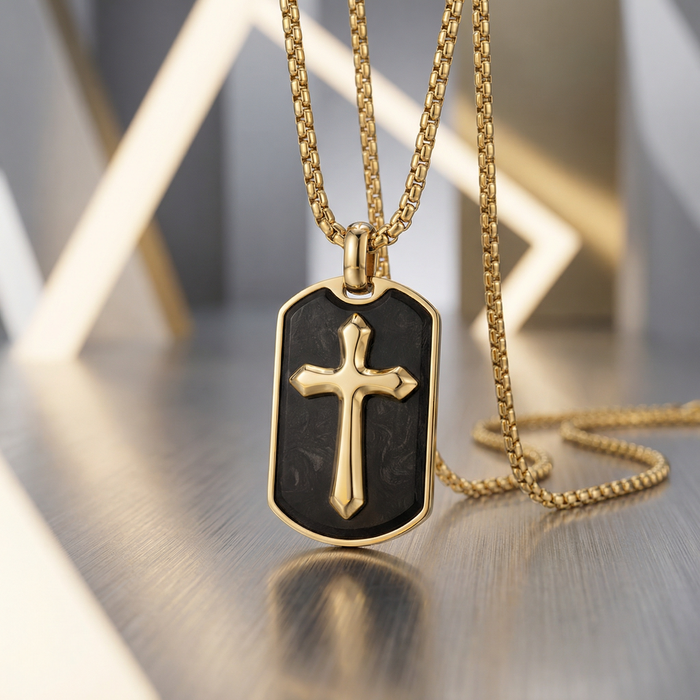 Gold Stainless Steel Pendant with Forged Carbon Fiber Inlay with 22in Matching Chain