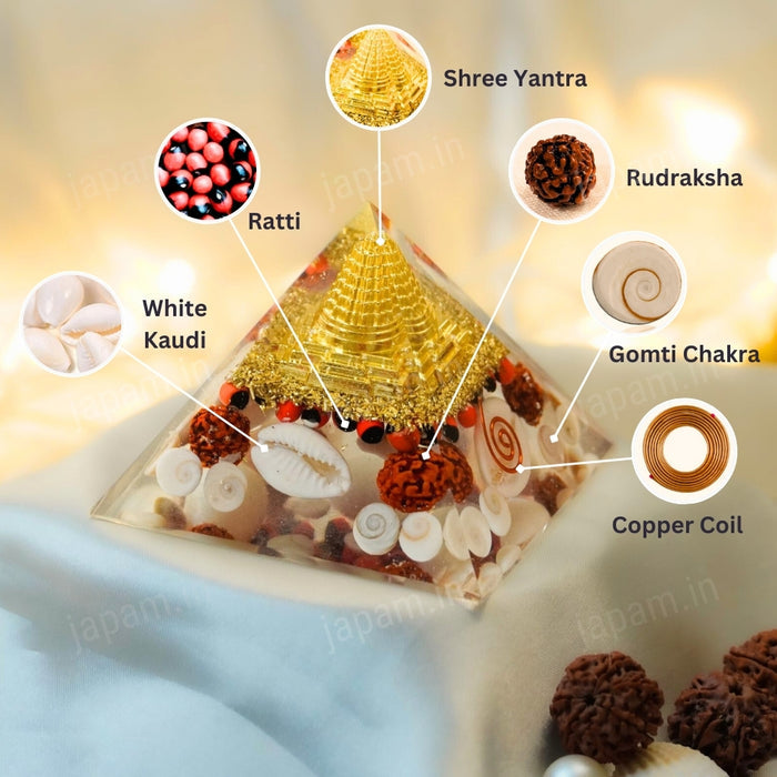 Golden Lakshmi Money Magnet Pyramid with Rudraksha, Shree Yantra, Gomti Chakra & White Kaudi for Vaastu
