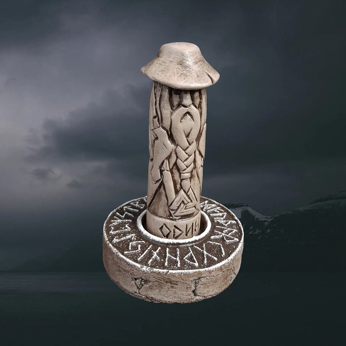 Hand-Crafted Ceramic Elder Futhark Runic Altar with Odin Wanderer Statue