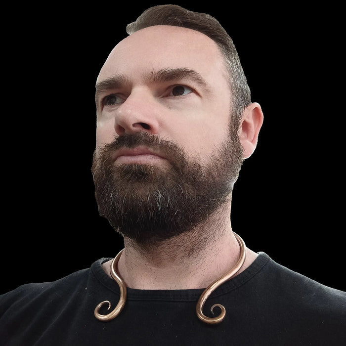 Hand-Forged Replica Viking Neck Torc in Solid Bronze on Neck