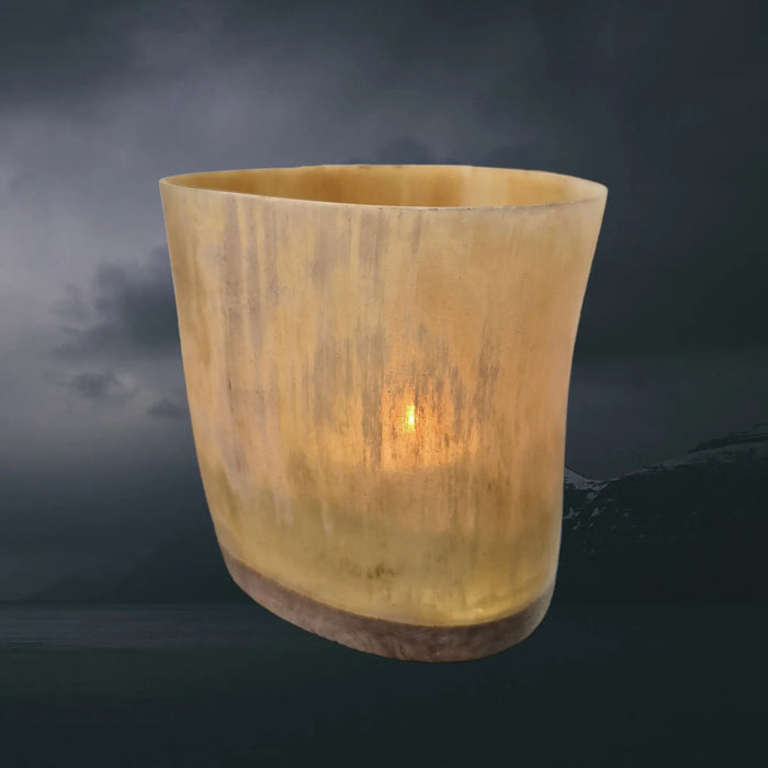 Handmade Cow Horn Viking Style Tealight Holder with Wood Base with Tealight Inside