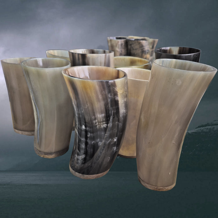 Handmade Polished Ox Horn Beer Beakers with Wood Base - Medium Sizes