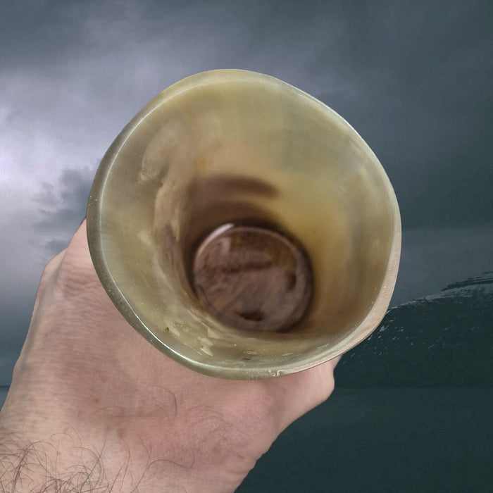 Handmade Polished Ox Horn Beer Beaker with Wood Base in Hand - Inside View