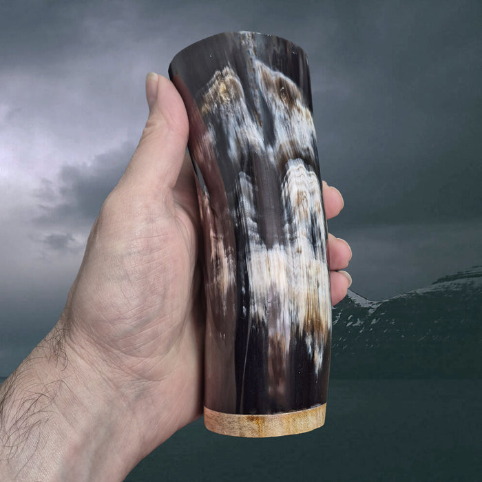 Handmade Polished Ox Horn Beer Beaker with Wood Base in Hand - Medium Example 2